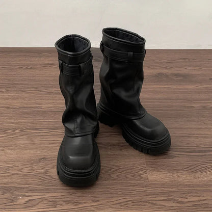 Biker Boots – Fashion Belt Buckle Ladies Elegant Platform Flats, Short Booties Casual Women’s Knight Booties, Winter Boots for Women