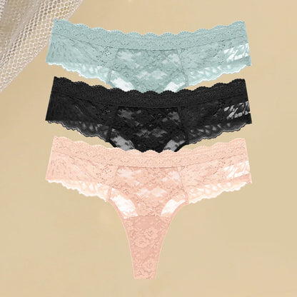 3PCS Lace Hollow Out Thong Panties – Sexy Floral Print, Solid Color, Low Waist, Breathable G-String Lingerie