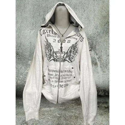Vintage Y2K Hoodie – Women's White Print Tunic, Hooded Coat, Streetwear Fashion, Casual Sweatshirt