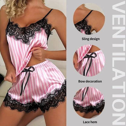 2PCS Women's V-Neck Sexy Lace Suspender Pajama Shorts Set – Casual Sleeveless Sexy Pajama Set