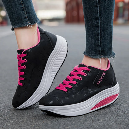 Casual Sports Shoes - Breathable, Comfortable, Wedge Heel, Thick Sole, Lace-Up Sneakers for Ladies