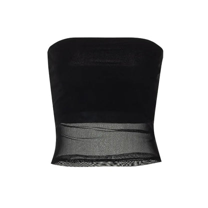 Mesh Corset Black Crop Top – Patchwork Design, Tube Top, Sexy, Sleeveless, Off-Shoulder, Cami Style, Summer Streetwear, Slim Fit, Strapless Tank