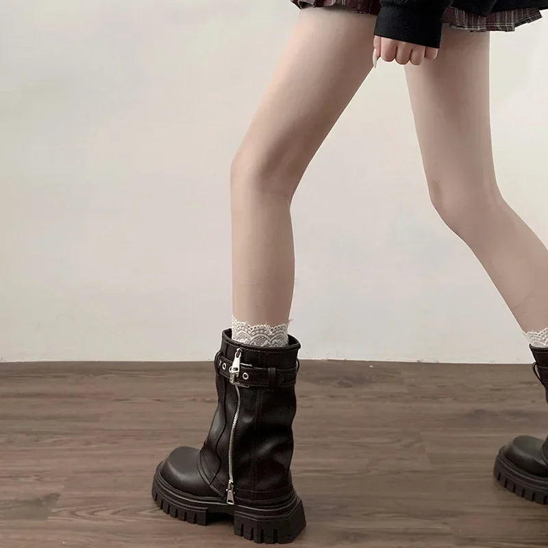 Biker Boots – Fashion Belt Buckle Ladies Elegant Platform Flats, Short Booties Casual Women’s Knight Booties, Winter Boots for Women