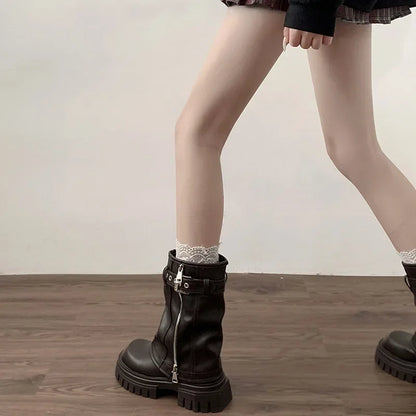 Biker Boots – Fashion Belt Buckle Ladies Elegant Platform Flats, Short Booties Casual Women’s Knight Booties, Winter Boots for Women