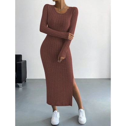 Dresses Fall Winter Knitted Stripe Split U Neck Elastic Basic Bodycon Full