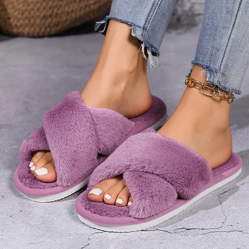 Cross Warm Fluffy Furry Slippers Women – Lightweight Flat Heels, Fur Slides, Autumn Winter Open Toe Non-Slip Home Floor Shoes