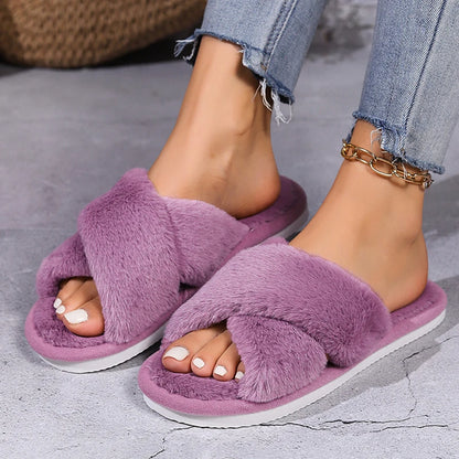 Cross Warm Fluffy Furry Slippers Women – Lightweight Flat Heels, Fur Slides, Autumn Winter Open Toe Non-Slip Home Floor Shoes
