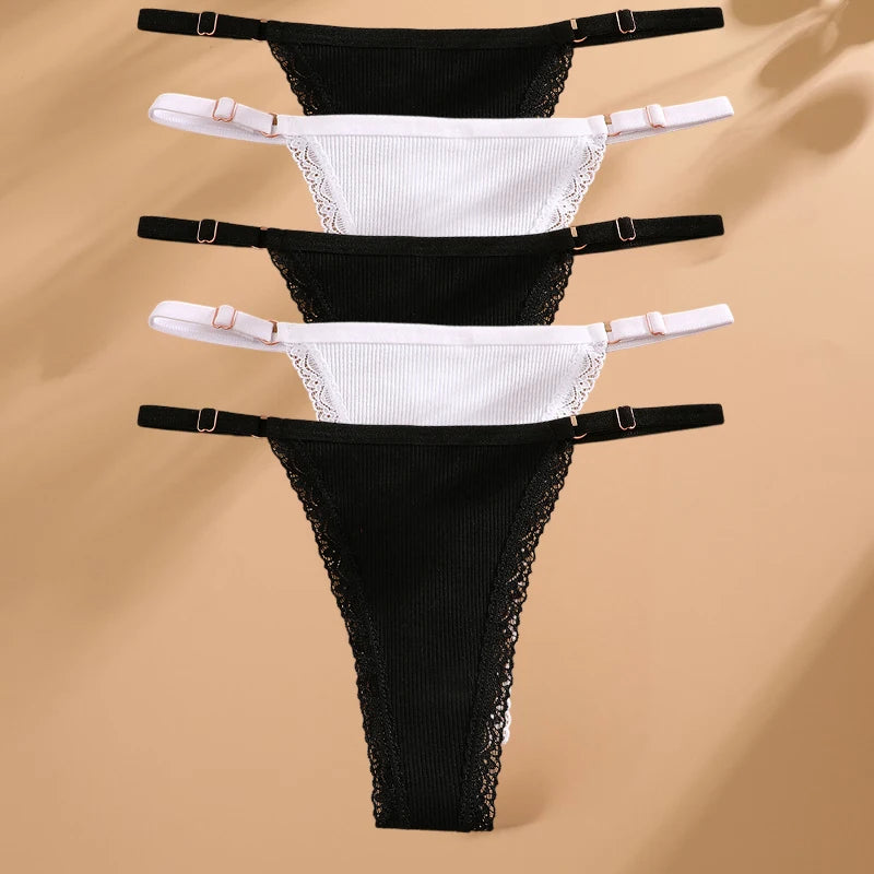 5PCS Sexy G-String Panties – Cotton, Adjustable Waist, Women's Bikini Thongs Lingerie
