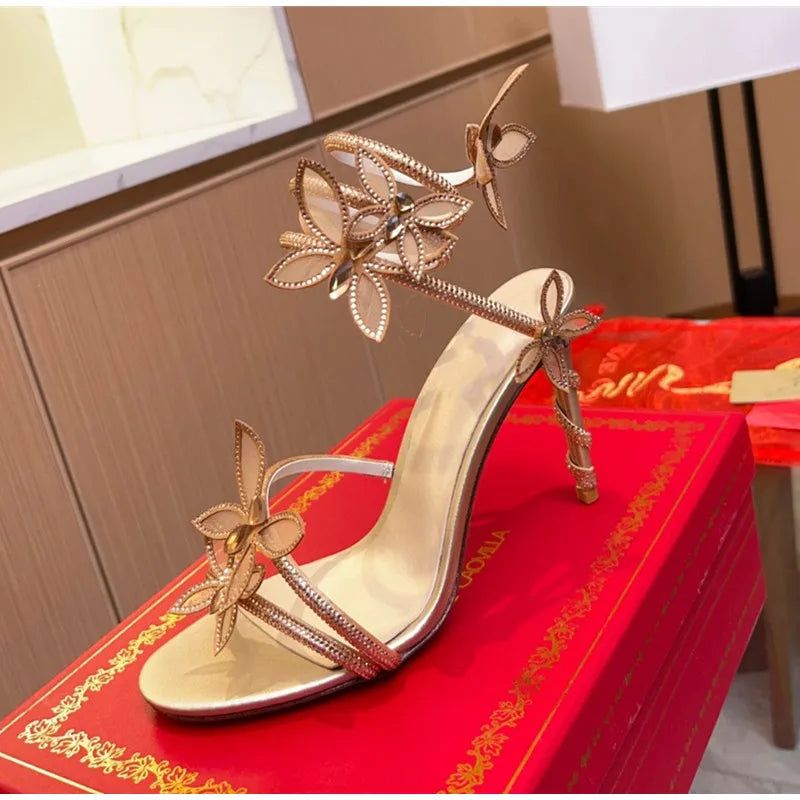 Luxury Crystal Embellished Butterfly Detail Women Sandals Sexy Coiled Strap High heels