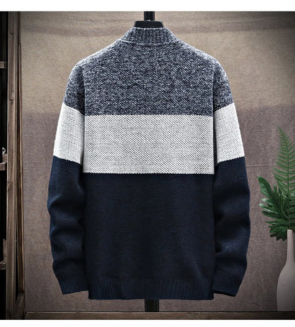 Cardigan Sweater Men – Fleece Zipper, Velvet Contrast Striped Sweater Coat, Casual Jacket for Autumn and Winter
