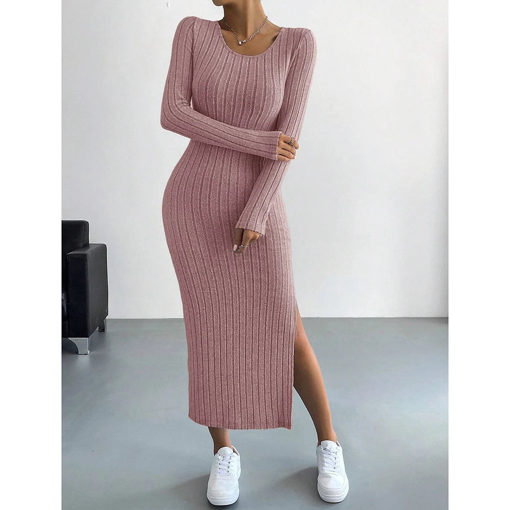 Dresses Fall Winter Knitted Stripe Split U Neck Elastic Basic Bodycon Full