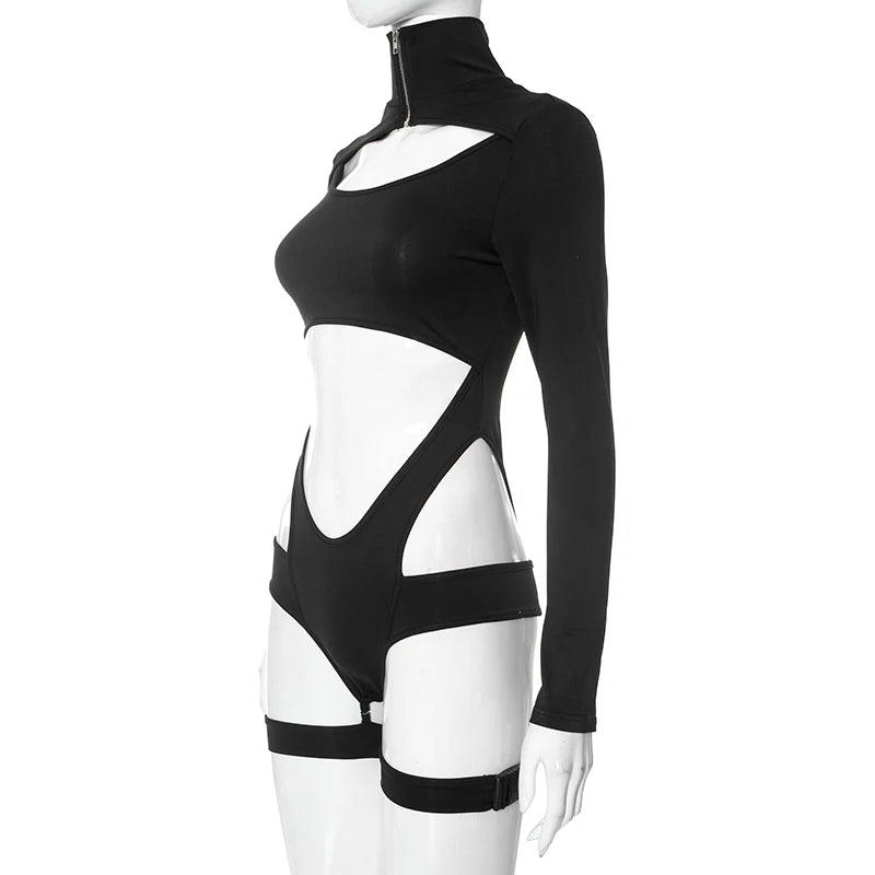 Zip Turtleneck Buckle Cutout Bodysuit – Long Sleeve, Sexy Club Romper, Black Techwear Jumpsuit for Women