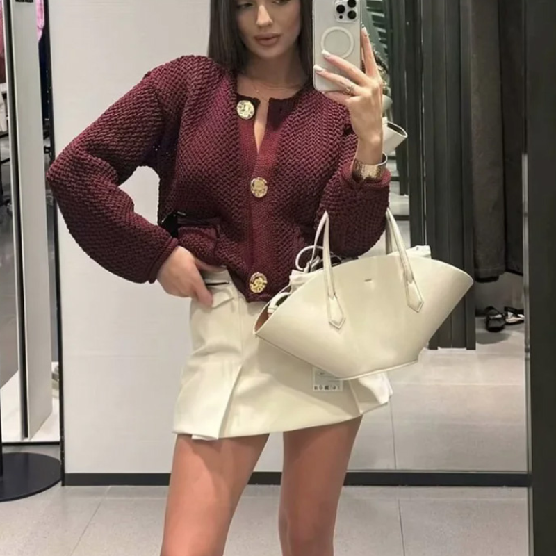 Knitted Cropped Cardigan – Women's Autumn Winter Outerwear, Long Sleeve, Button-Up Sweater