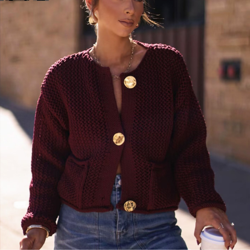Knitted Cropped Cardigan – Women's Autumn Winter Outerwear, Long Sleeve, Button-Up Sweater
