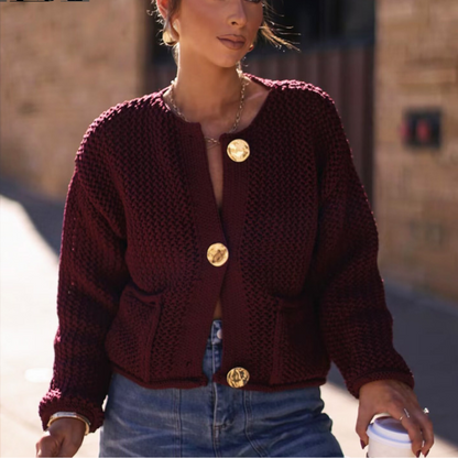 Knitted Cropped Cardigan – Women's Autumn Winter Outerwear, Long Sleeve, Button-Up Sweater
