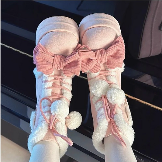 Sweet Winter Girls Lolita Mid-Calf Snow Boots - Cute Female Students Plush Warm Bowknots, Lace-Up Wedge Heel Heightening Shoes